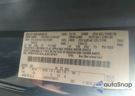 2020 Ford Transit-350 Passenger Van Xlt из США, поврежденный, VIN 1FBAX2C88LKA14741